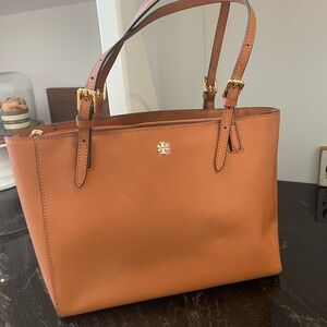 Tory Burch Brown Leather Tote with Gold Emblem